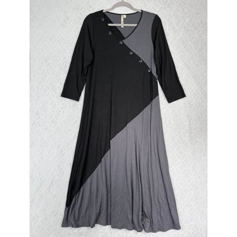 Comfy USA Maxi Dress Small Black Gray Modal Stretch Lagenlook Artsy Minimal Goth